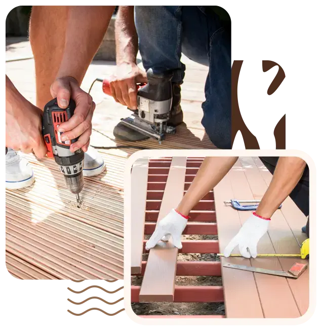 Man screwing new deck floor boards