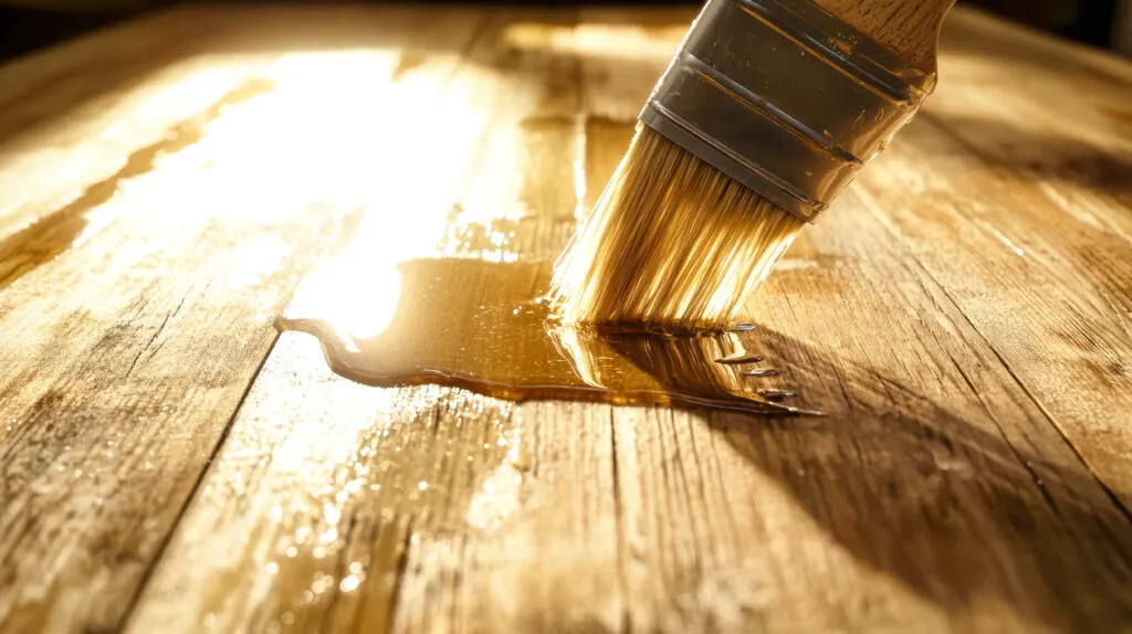 brush glides across wooden deck