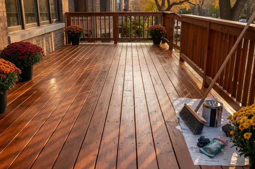 Realistic image of a wooden deck being cleaned and sealed as part of essential deck maintenance tips for Chicago homeowners.