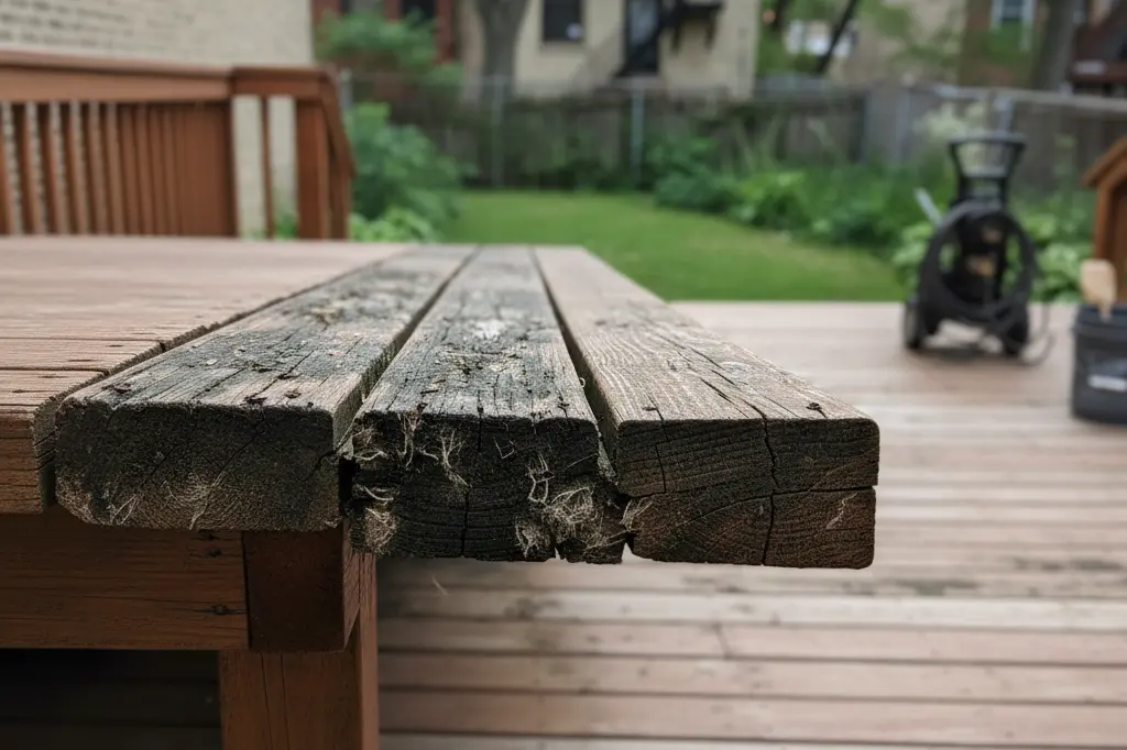 Close-up of a soft and warped deck board showing early moisture damage, an important warning sign in deck maintenance tips