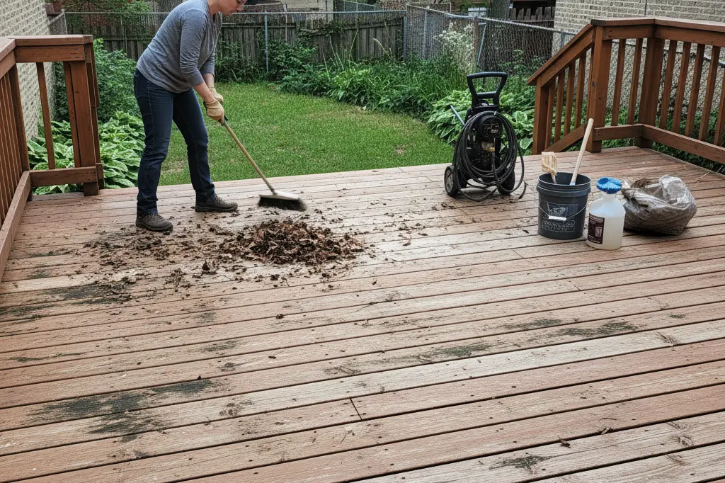 Homeowner cleaning debris from a wooden deck as part of essential deck maintenance tips for year-round protection.