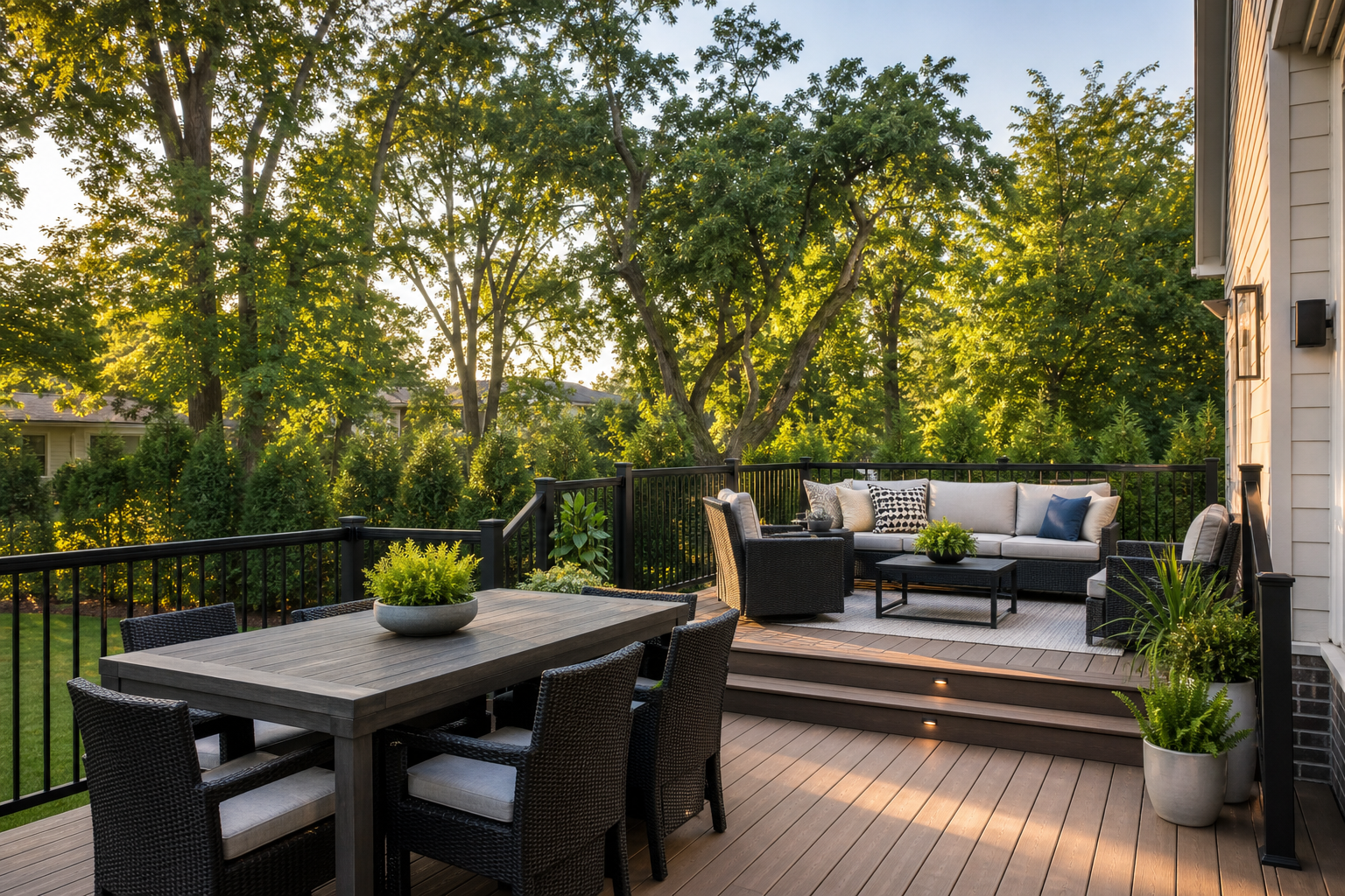 2026 deck design with a zoned outdoor living room in Chicago