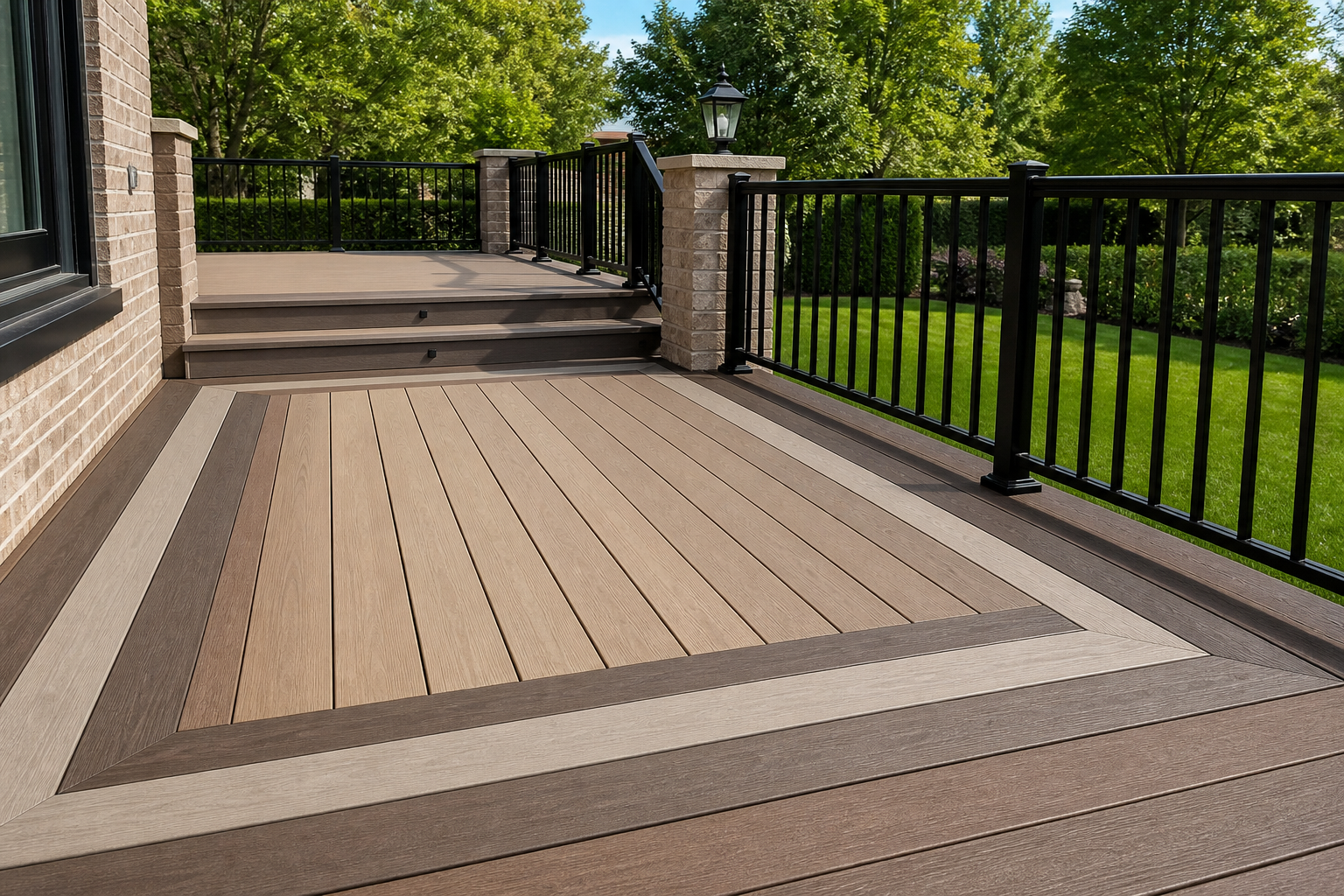 Composite deck in warm earth tones, Chicago suburb