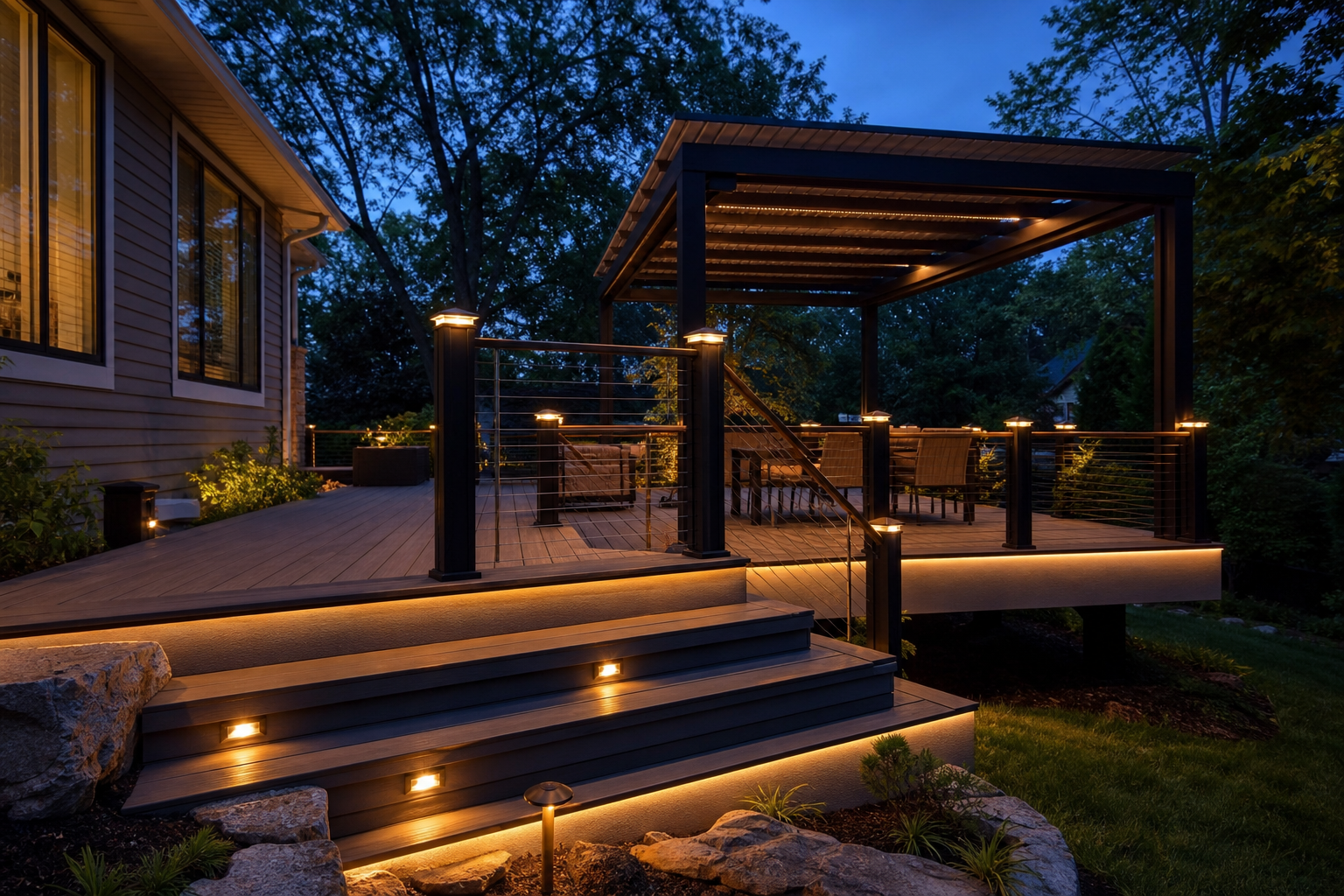 Deck with integrated lighting and pergola in the Chicago area