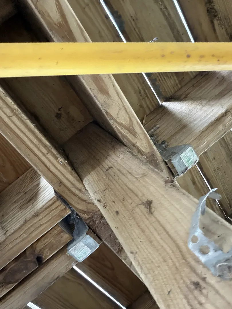 Pool deck joists, metal joist hangers and a yellow gas line in the substructure