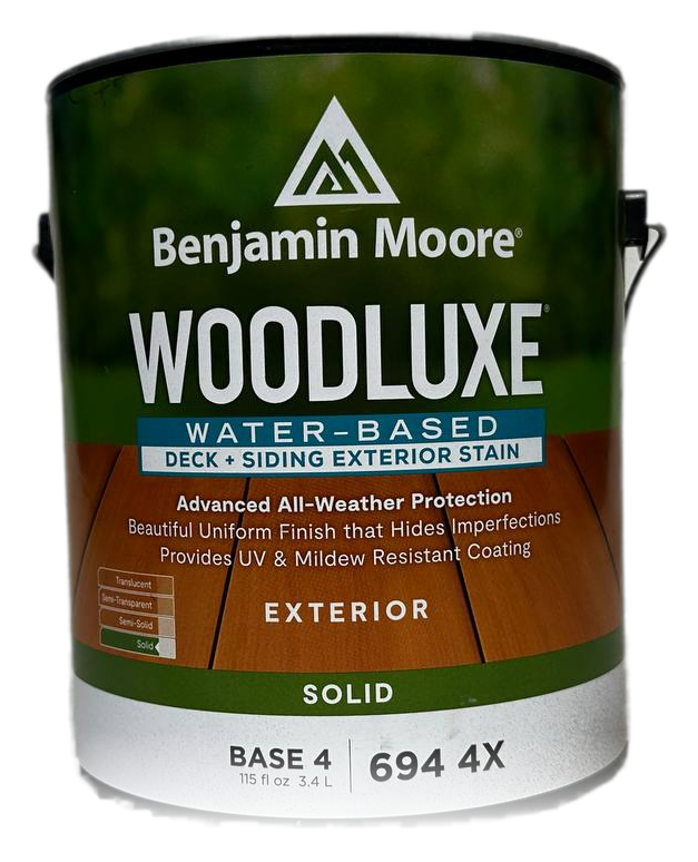 Green gallon can of Benjamin Moore Woodluxe water-based deck and siding exterior stain