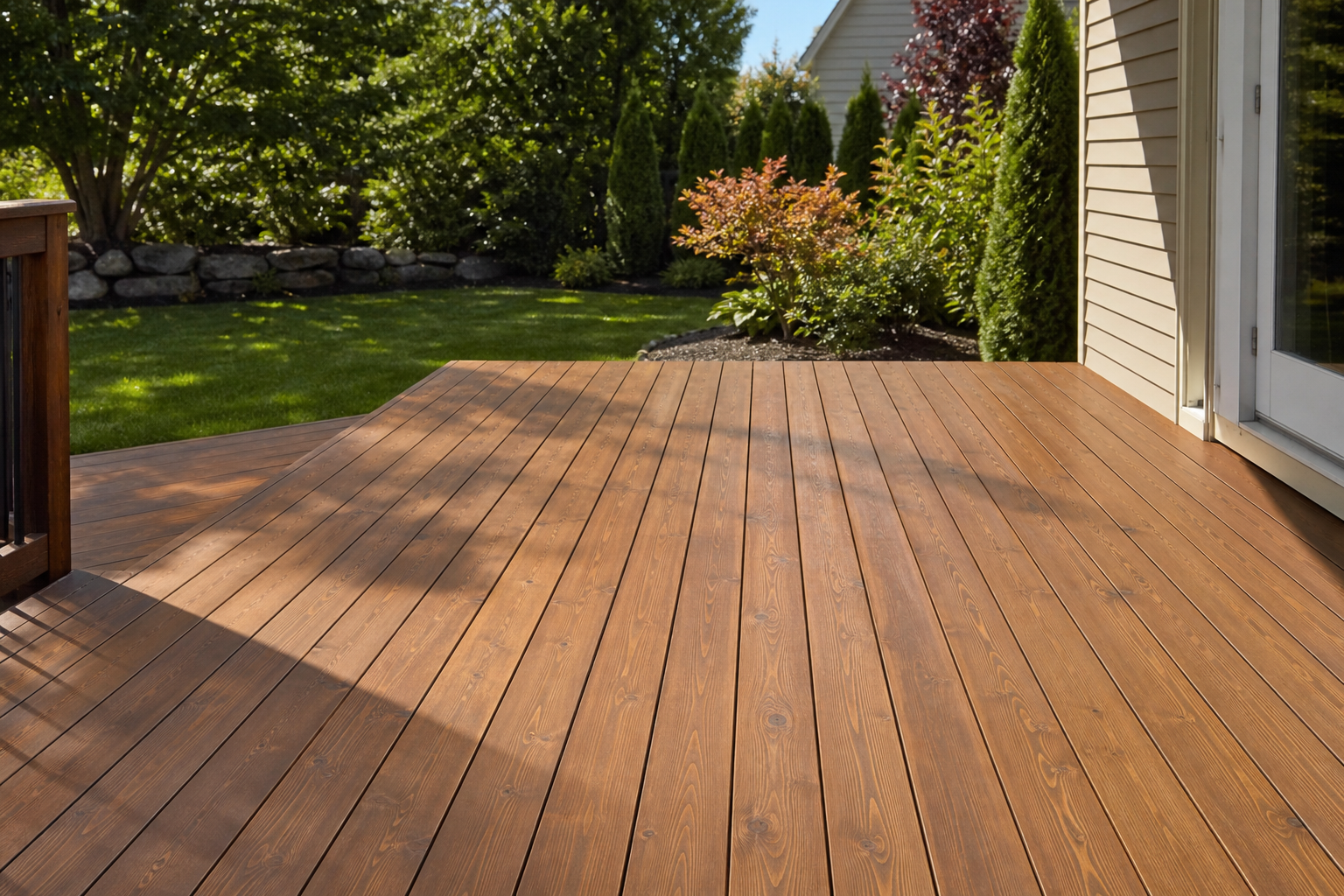 Backyard wood deck finished with a warm semi-transparent Benjamin Moore Woodluxe stain