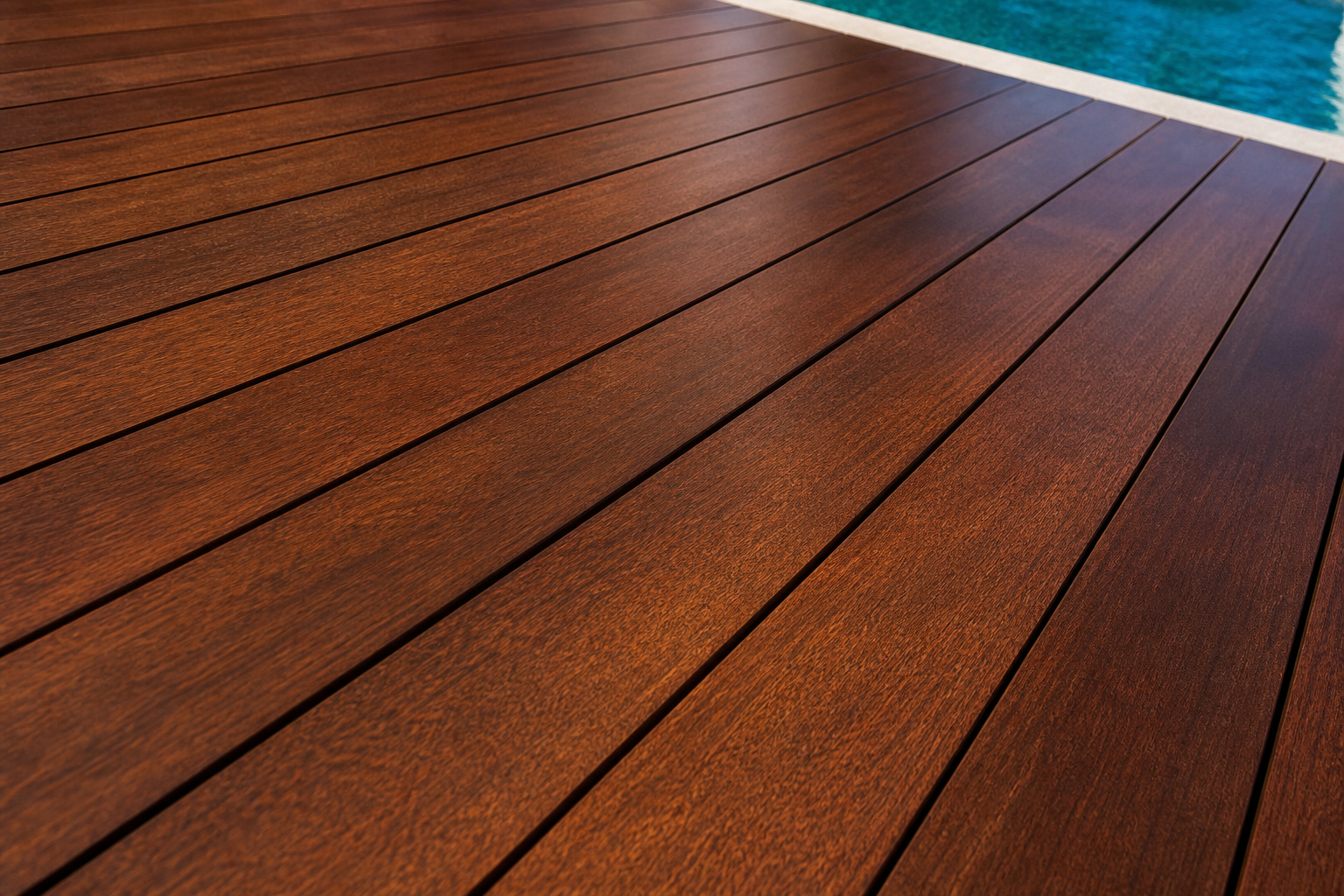 Exotic Ipe hardwood deck with a rich reddish-brown DeckWise Ipe Oil finish