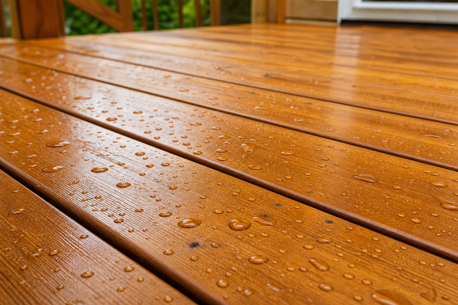 Cedar deck finished with Rymar Xtreme Weather oil stain, water beading on the surface