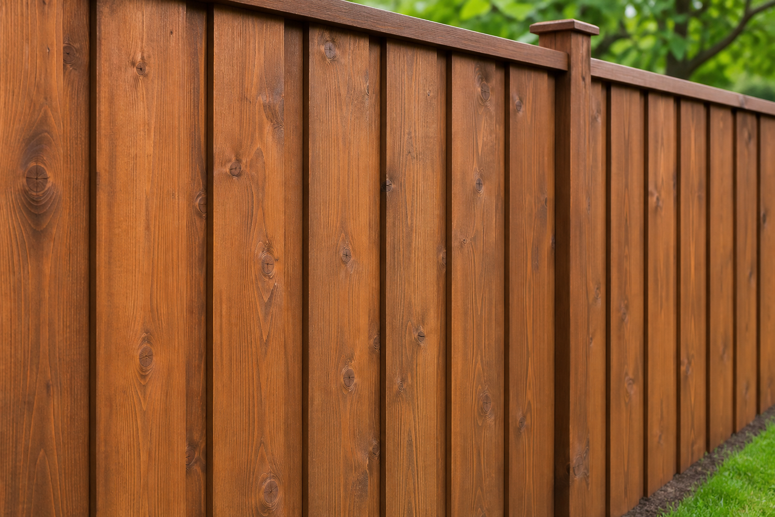 Cedar privacy fence finished with TWP 1500 Series cedartone semi-transparent stain