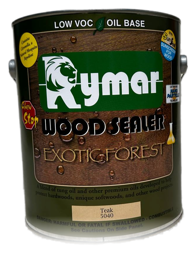 Olive-green gallon can of Rymar Wood Sealer Exotic Forest in Teak