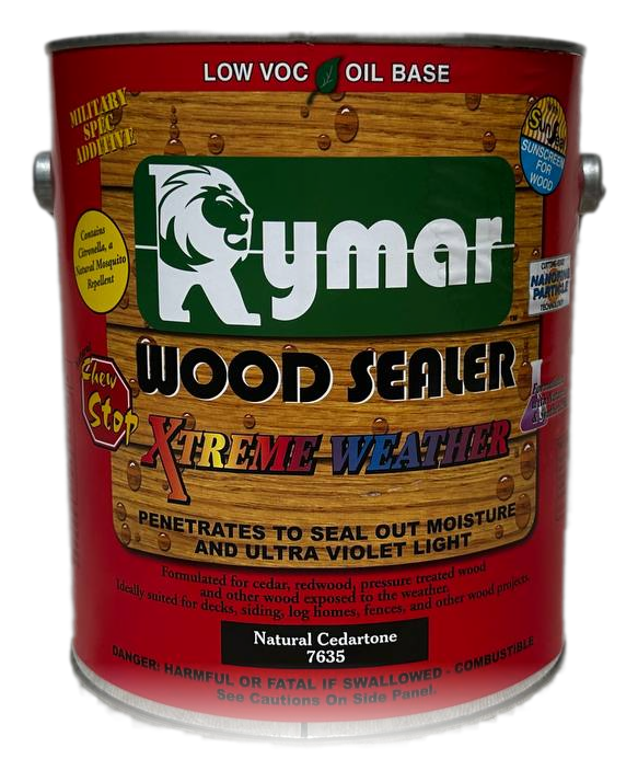 Red gallon can of Rymar Xtreme Weather Wood Sealer in Natural Cedartone