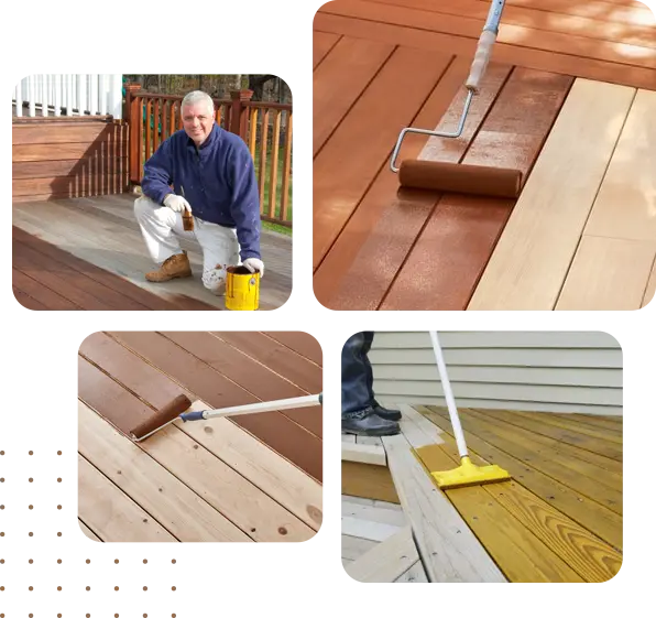 a collage of a man painting a deck