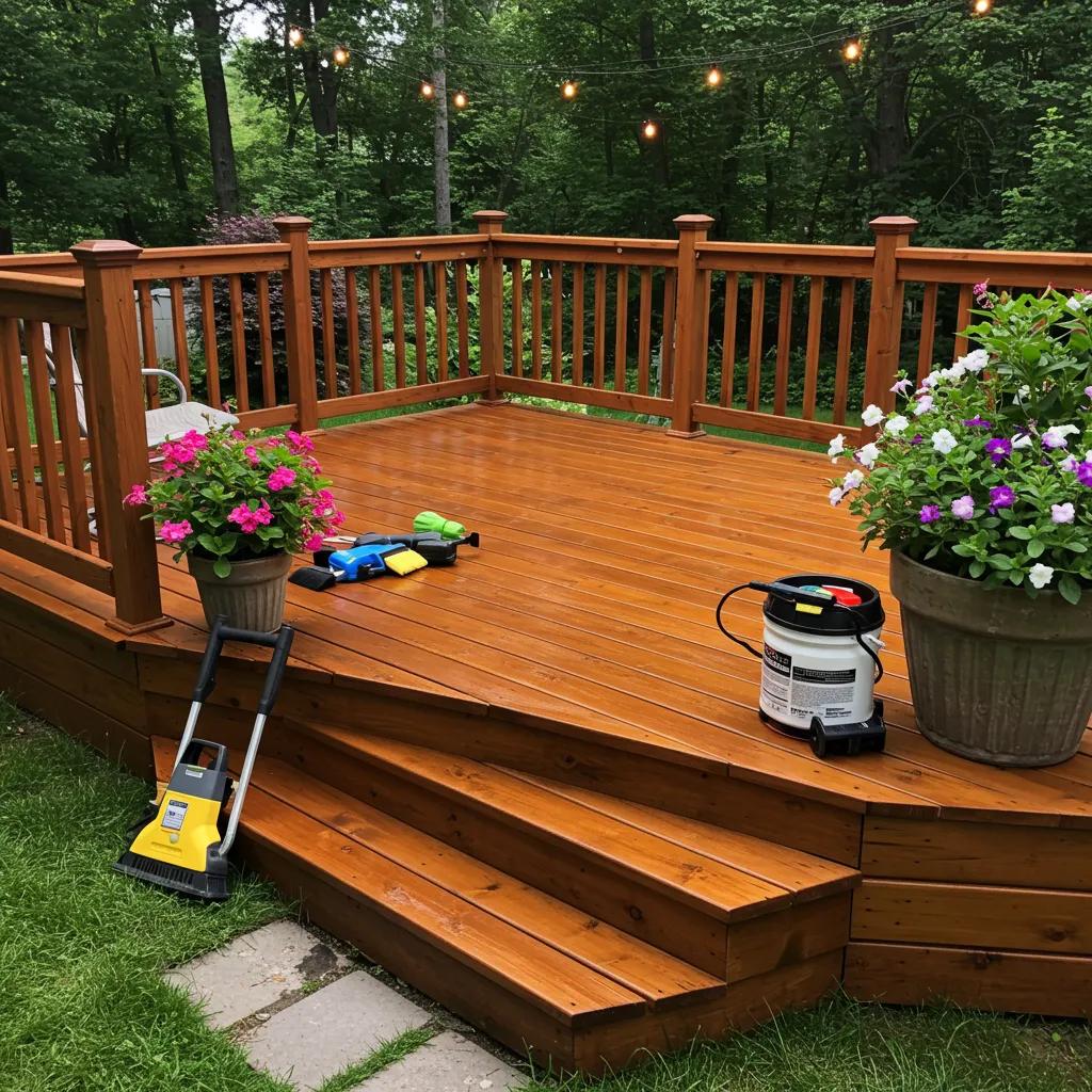 Beautifully restored wooden deck in a lush garden setting, highlighting deck restoration themes