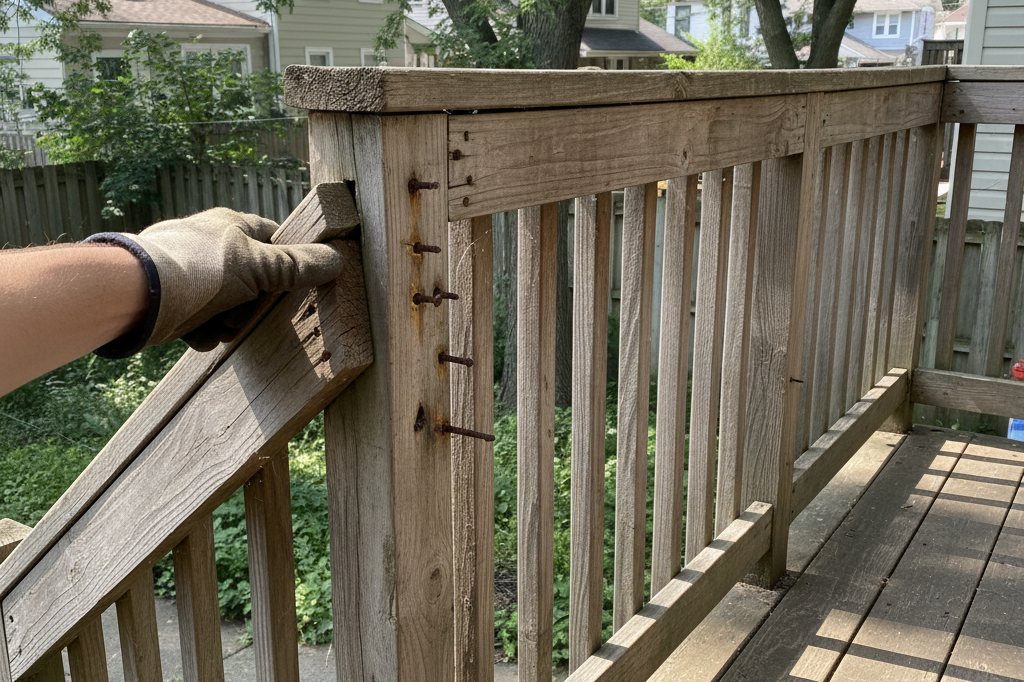 Loose deck railing being tested for stability, showing an early safety warning sign highlighted in deck maintenance tips.