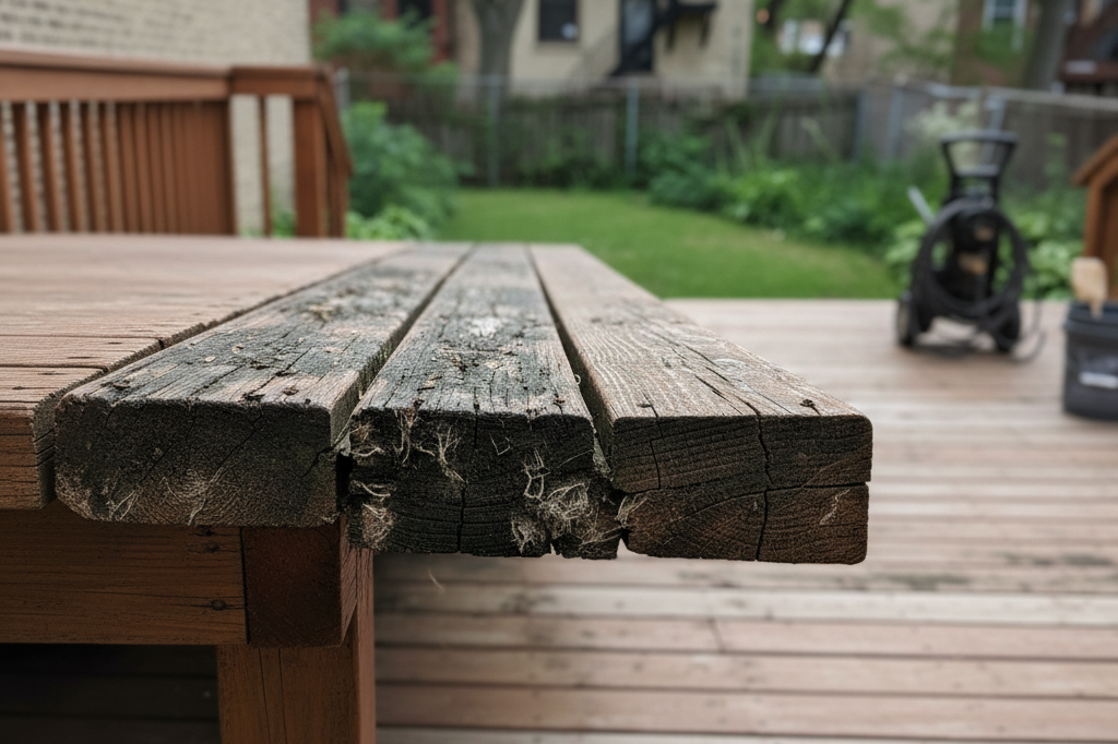 Close-up of a soft and warped deck board showing early moisture damage, an important warning sign in deck maintenance tips