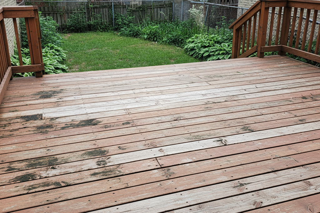 Weather-worn wooden deck in Chicago showing why regular deck maintenance tips are important to prevent fading, moisture damage, and rot